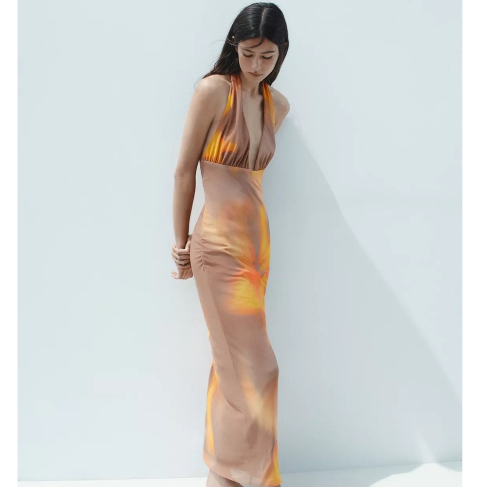 Zara Printed Tulle Halter Dress